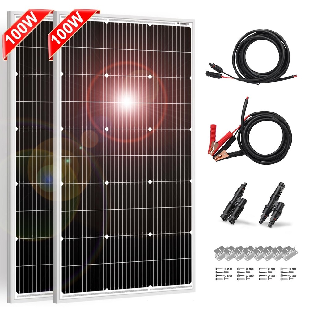 DOKIO 200W Solar Panel Kit, 2Pack of 100W, Brackets and 5 m Cable