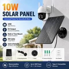 10W Solar Panel Charger for Security Camera 5V Type-C Cable Outdoor Wall Mount