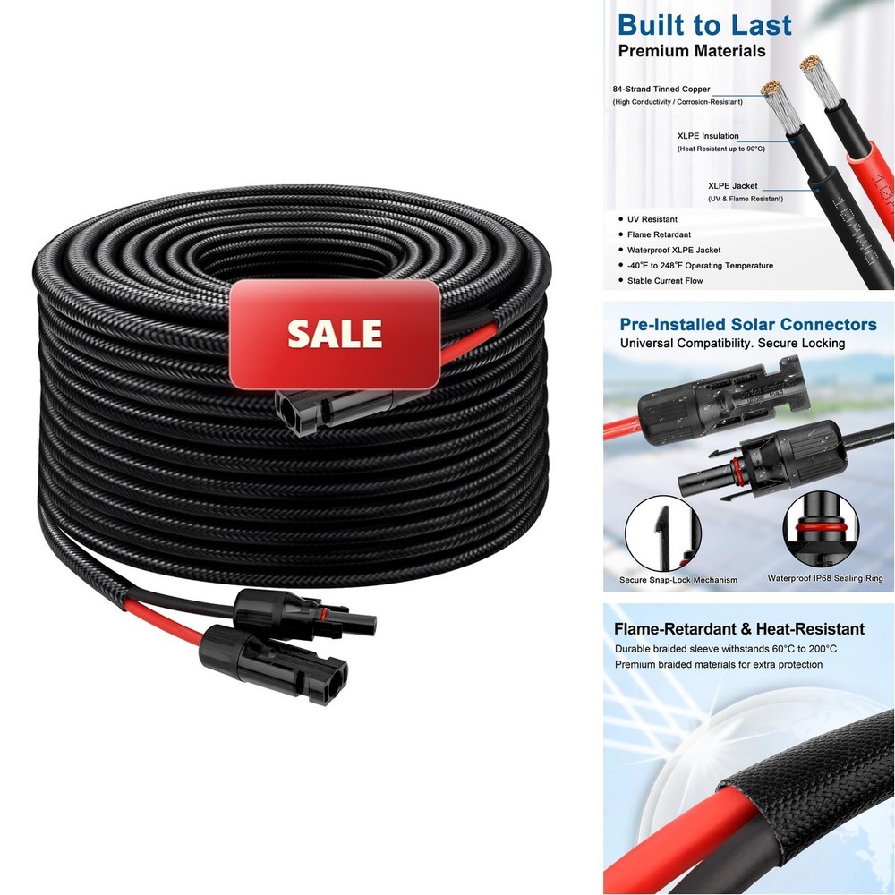 XRDS -RF Solar Panel Cable 50FT, 10AWG Solar Extension Cable Male & Female