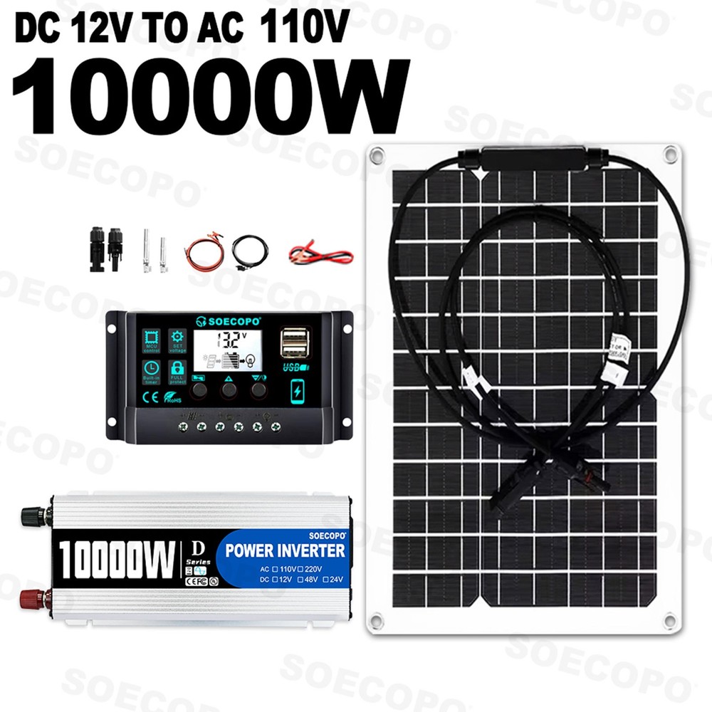 10000W High-Efficiency Solar Kit Flexible Panel 100A Controller 12V to 110V 220V