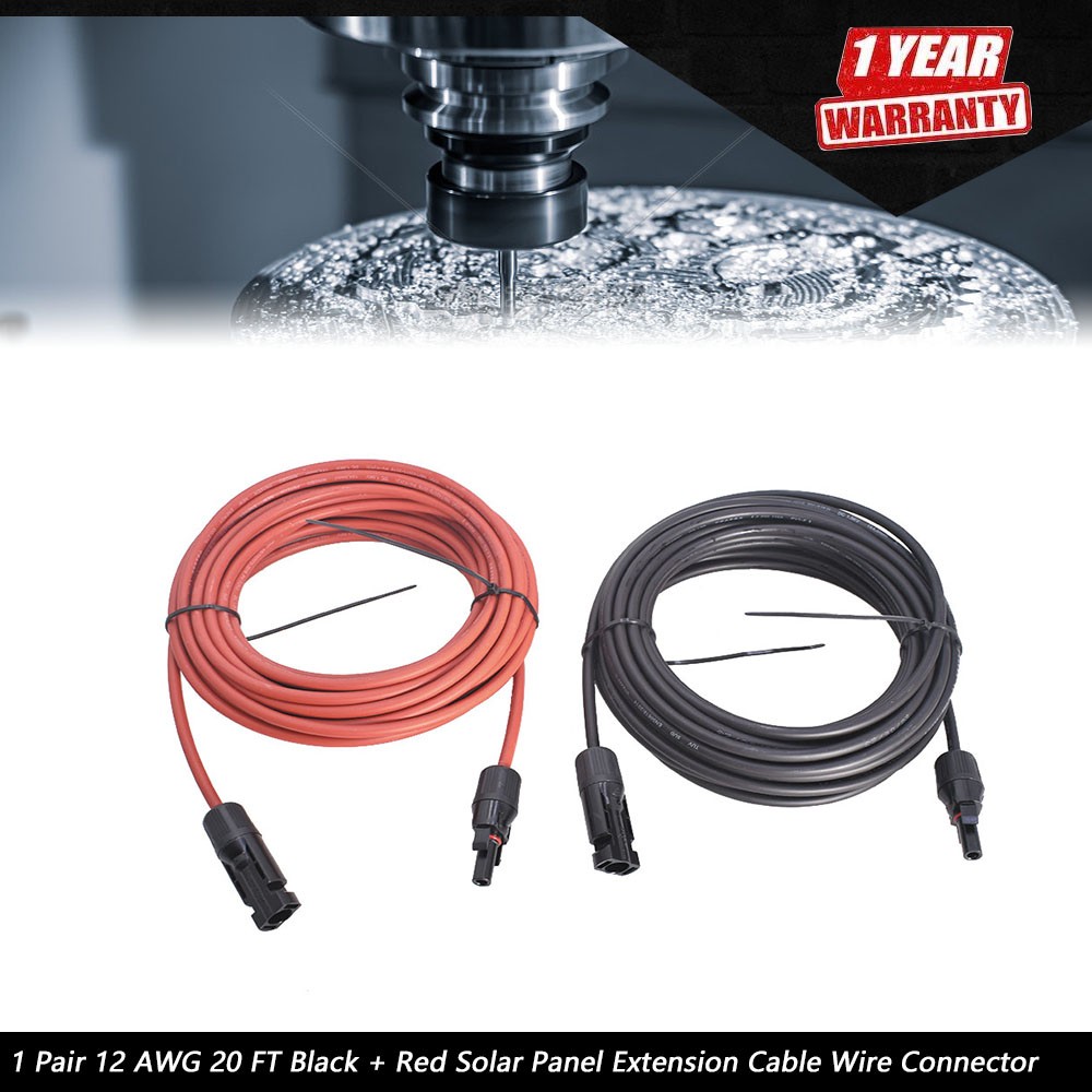 Solar Panel Extension Cable Wire Connector Black+Red 4mm²/12AWG 1 Pair 20ft