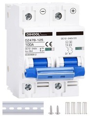 DC Circuit Breaker,100A 2 Pole,12V to 240 Volt Solar Disconnect Switch,DIN Rail