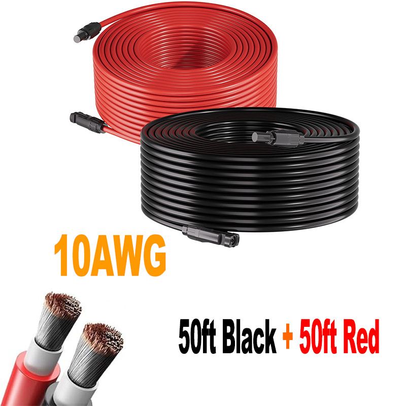 50ft Black + Red 10AWG Solar Panel Extension Cable Flexible Wire Connectors