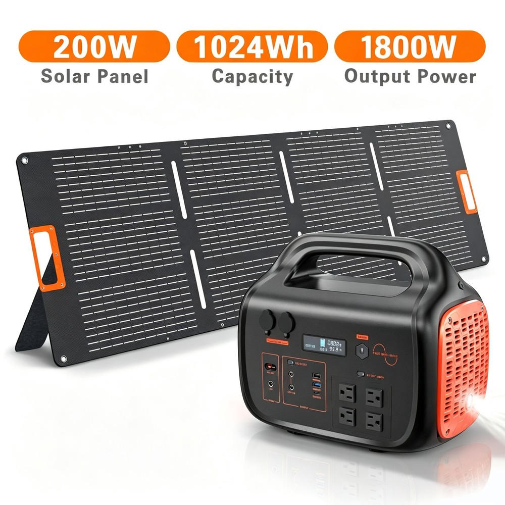 1024Wh 1800W Portable Power Station Kit + 200W Foldable Solar Panel Power Bank