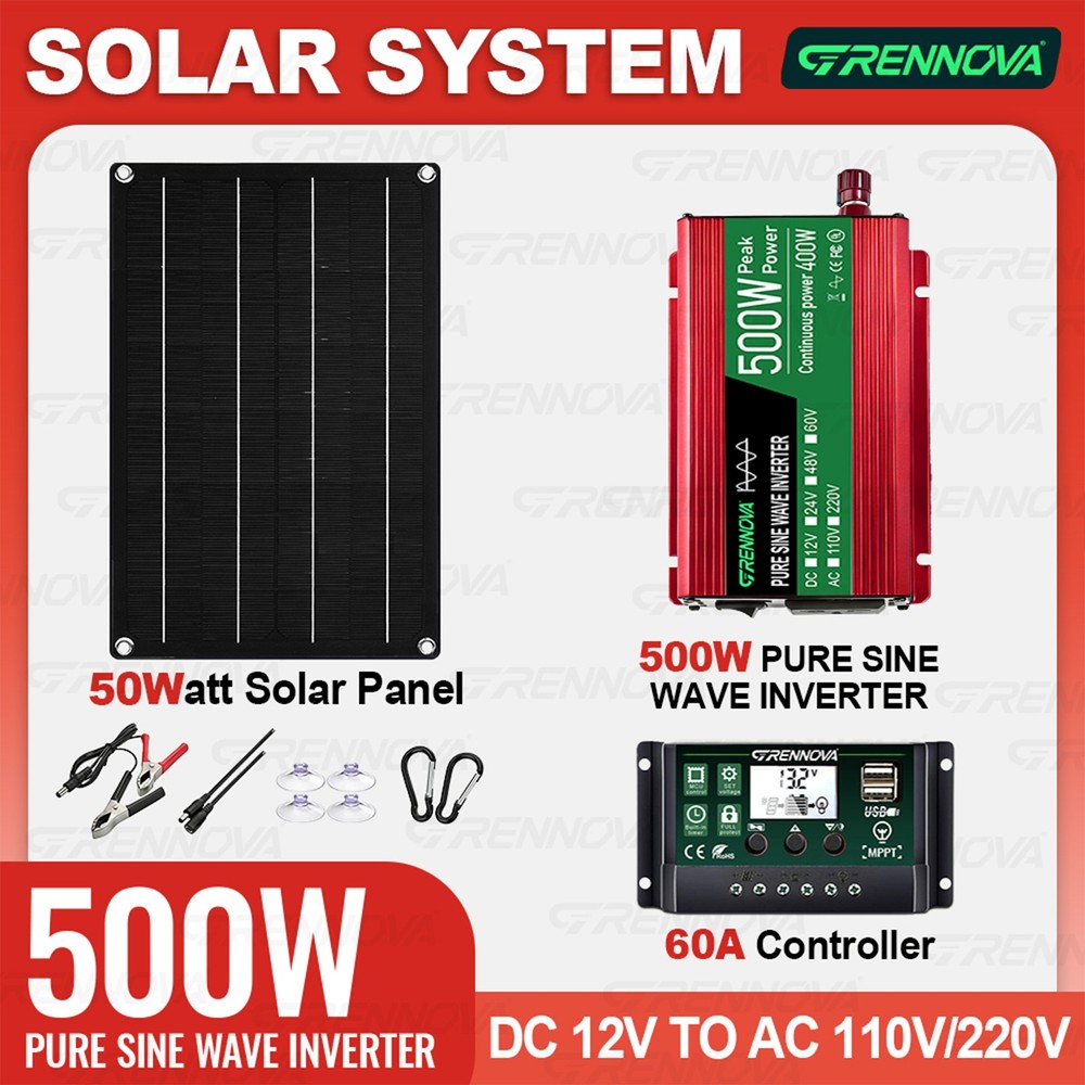 Grennova 500W Pure Sine Solar System 50W Panel 60A MPPT Dual Voltage Inverter