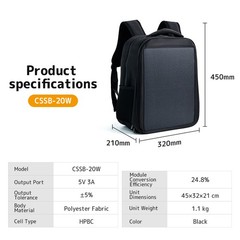 20W Solar Backpack HPBC USB 5V 3A 75% Charged Storage Bag Power for Hiking Trip