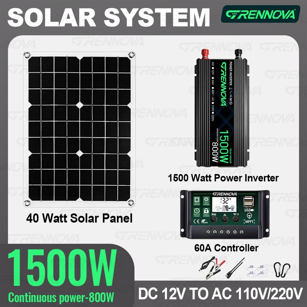Grennova 1500W Solar Kit 40W Panel 60A MPPT 110/220V Inverter Off-Grid Home RV