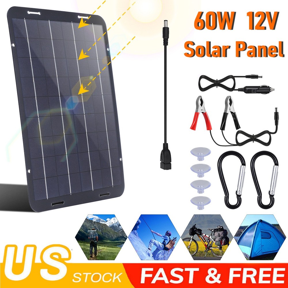 60W 12V Solar Panel Trickle Charger Battery Charger Kit Maintainer Boat Car RV