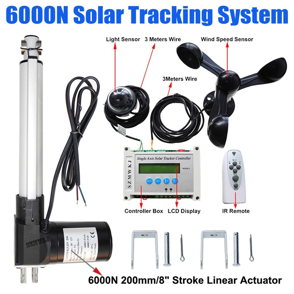 LCD Single Axis Solar Tracker W/ DC 12V 6000N 8″ Linear Actuator Wind Sensor Kit