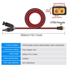 10FT XT60 Solar Charging Cable Solar Panel Connector to XT60 Extension Adapter