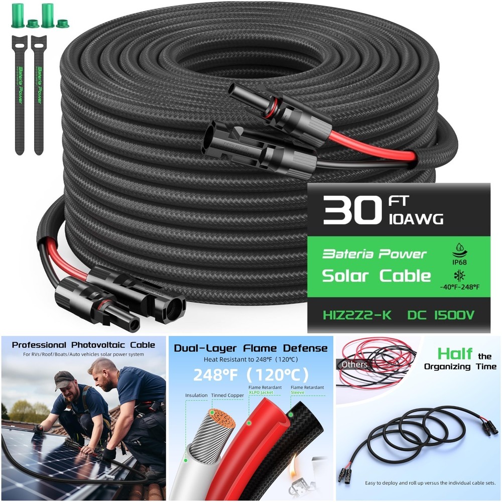 1 Pack 10awg 30ft Solar Panel Extension Cable Flame Retardant IP68 Waterproof