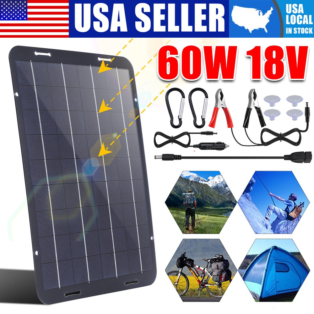60W Solar Panel 18V Trickle Charger Battery Charger Kit Maintainer Boat Car RV