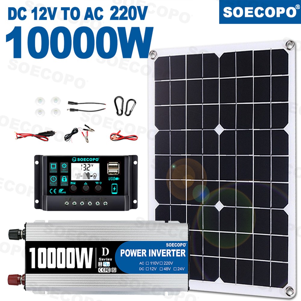 110V Power Inverter Solar Generator With 500W Solar Panel Home Complete 10000W A