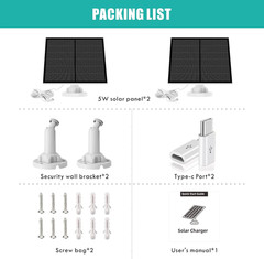 Solar Panel for Security Camera, 5W USB Solar Panel for Micro USB and USB-C Port