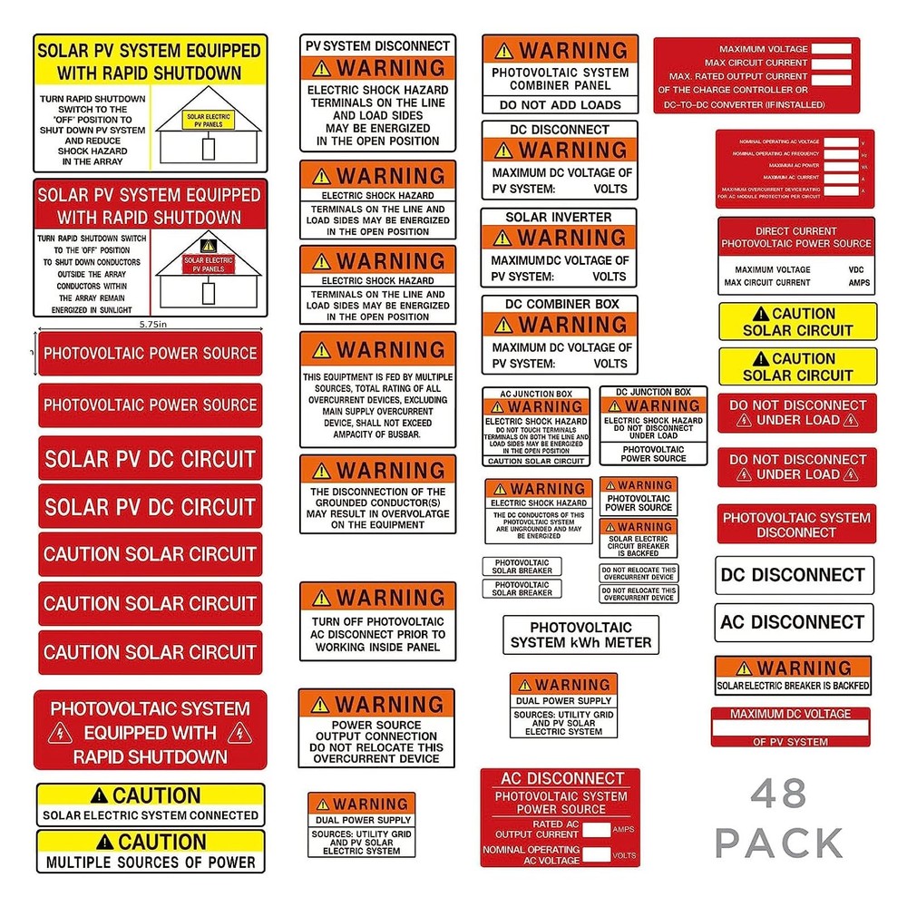 CDXHOME 48 Pack PV Solar System Install Label Kit,Photovoltaic Safety Red