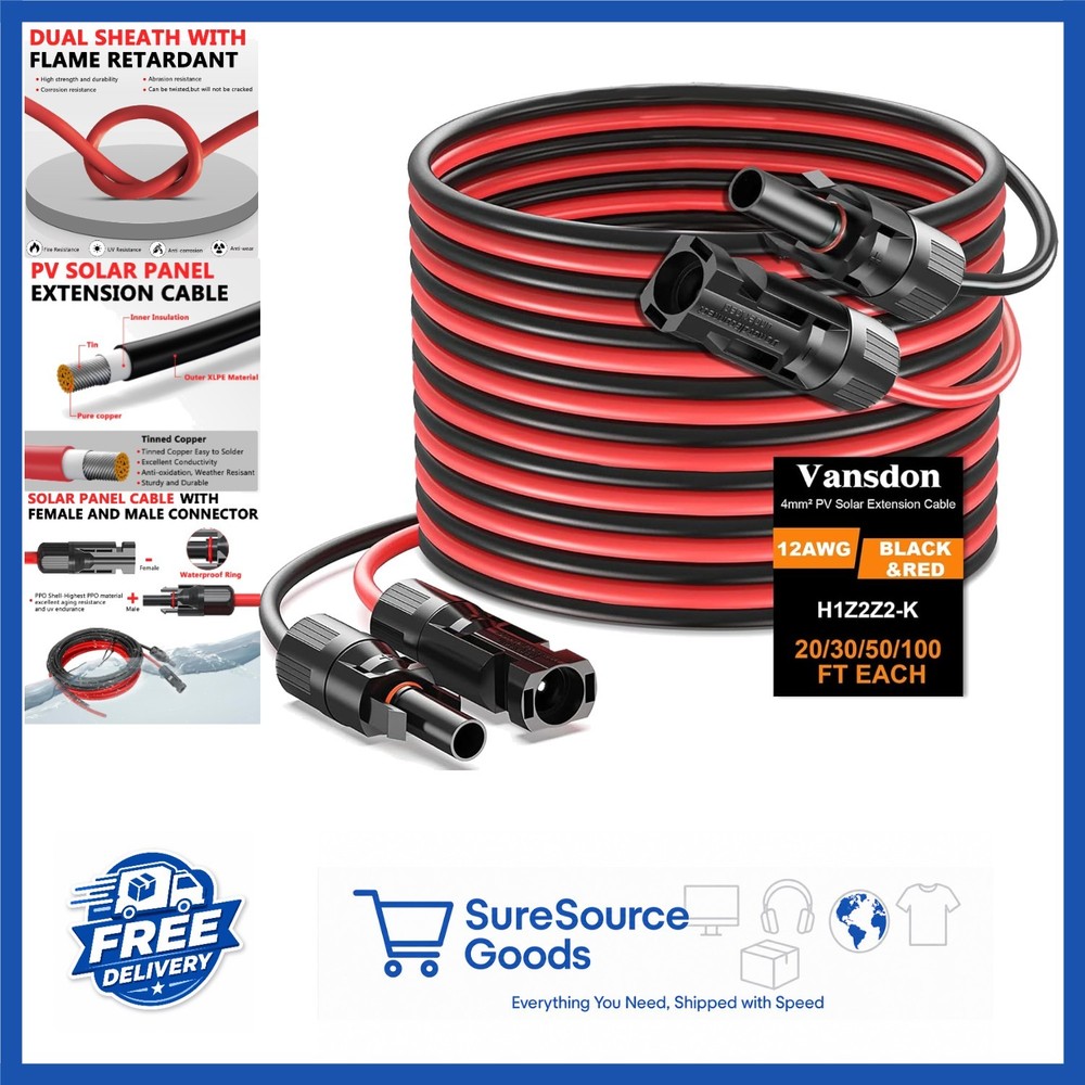 50FT Red & Black Solar Panel Extension Cable 12AWG for RV Photovoltaic Systems