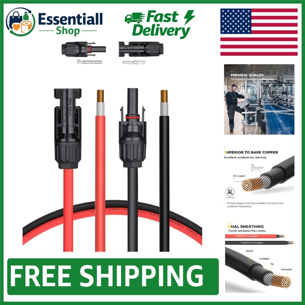 20FT 10AWG Solar Extension Cable – Pure Copper, Waterproof, Certified