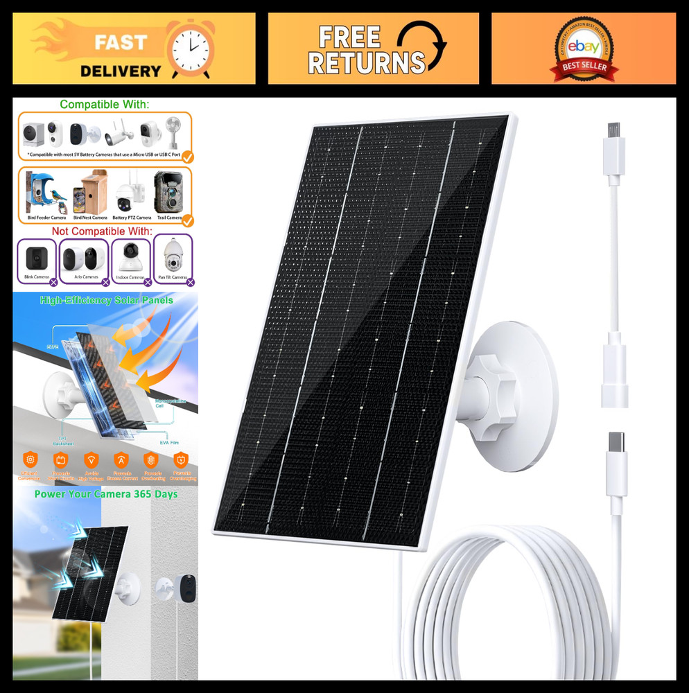 4W Solar Panel for Security Cameras – USB-C, Waterproof, 360° Adjustable Bracket
