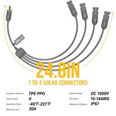 Extra Long Solar Panel Y Branch Connectors 1 to 4 Parallel Cable Plug Kit