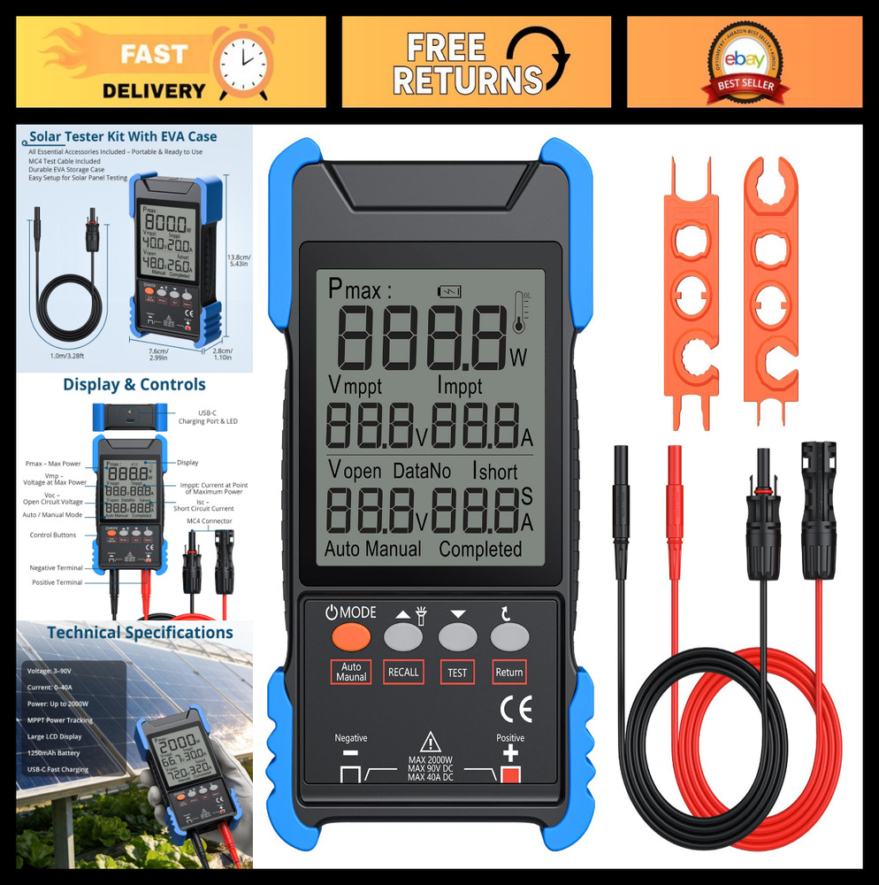 2000W MPPT Solar Panel Tester, PV Meter with LCD Display, Portable Multimeter fo