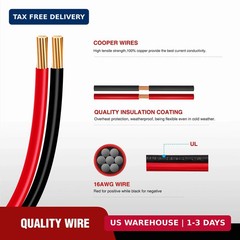 2PCS 12FT SAE to SAE Extension Cable 16AWG 2 Pin Wire Cord Harness with 12V-24V