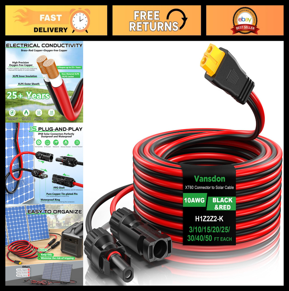 30FT 10AWG XT60 Solar Charging Cable Extension Adapter for RV Power Station