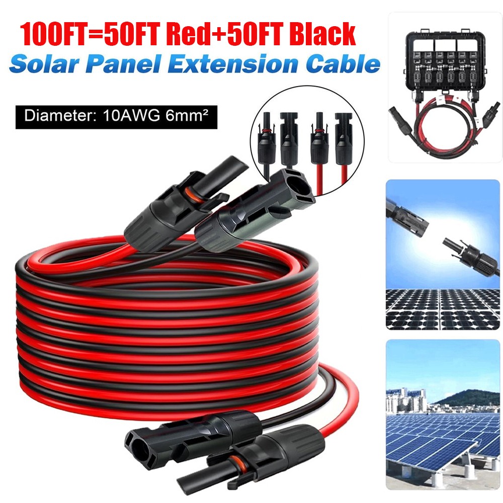 10 AWG Solar Panel Extension Cable PV Wire Solar Connector Pair Black & Red 6mm²
