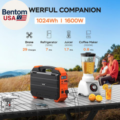 Portable Power Station 1600W (Peak 3200W), Built-In Solar Panel, 1024Wh Lifepo4