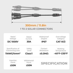 Solar Y Branch Connector Parallel 2 to 1 PV Cable Splitter 30A 1000V Waterproof