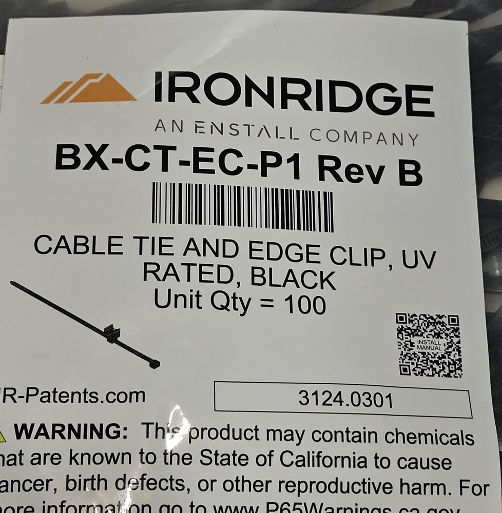 IronRidge BX-CT-EC-P1 B Cable Tie and Edge Clip UV Rated in Black (Pack of 100)