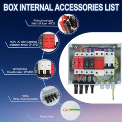 Solar Combiner Box 600V, 2 Inputs 1 Output, 15A Fuse, 63A Circuit Breaker, SPD,