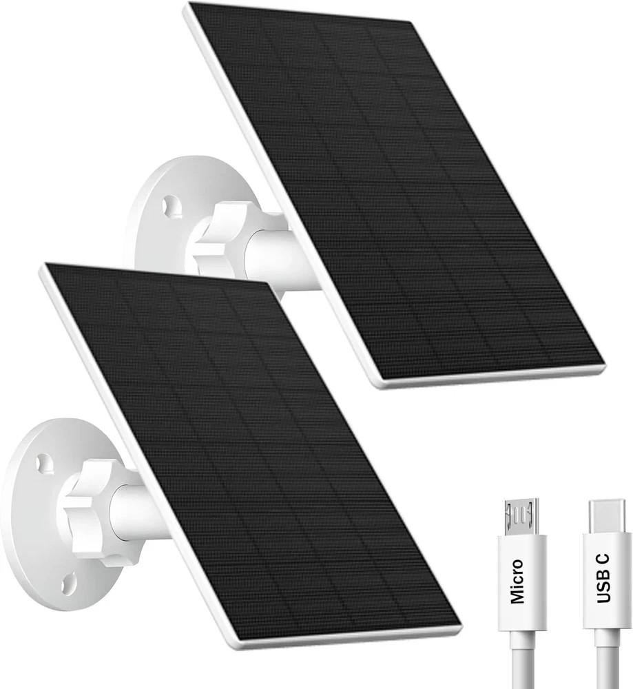 Solar Panel for Security Camera, 2 Pack 2W Solar Charger with Micro USB & USB-C