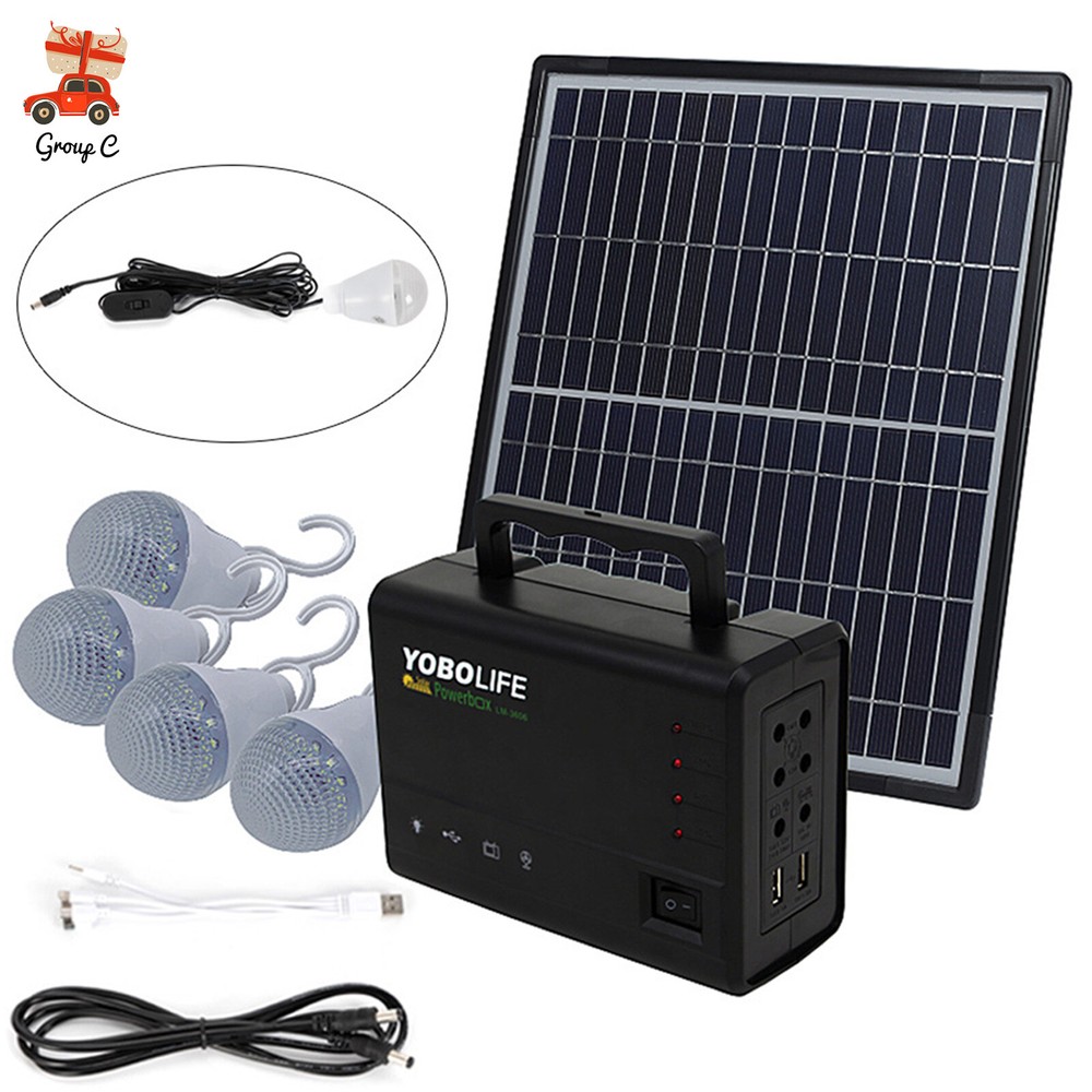 Solar Panel Power Generator Kit Battery Pack Power Station w/ 4 Bulbs Portable