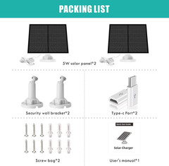 5W Solar Panel for Security Cameras 2 Pack USB C Micro USB 9.8ft Cable USB Power