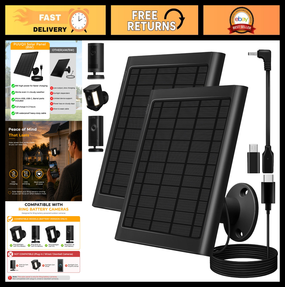 8W Solar Panel Charger for Ring Stick Up & Spotlight Cam – 2-Pack, IP65 Waterpro