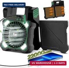 22000mAh Camping Solar Fan, Dual-Panel Rechargeable Solar Powered Fan with LED L