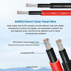 XRDS -RF 8AWG Solar Panel Wire 10mm², 2 Pack 50FT Red & Black Solar Extensi
