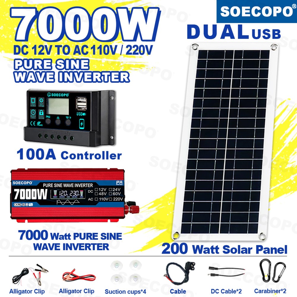 7000W Solar Kit | 200W Panel + 100A Controller | 12V to 110V/220V AC Inverter