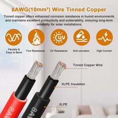 8AWG Solar Cable – 50FT Solar Panel Extension Cord 8 Gauge PV Wire with Flame Re