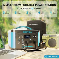 AISPEX 1500W Portable Power Station , 1408Wh Backup Battery, Generator, Camping