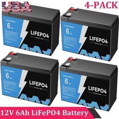New 4-PACK 12V 6Ah LiFePO4 Lithium Battery BMS Deep Cycle For RV Solar Energy