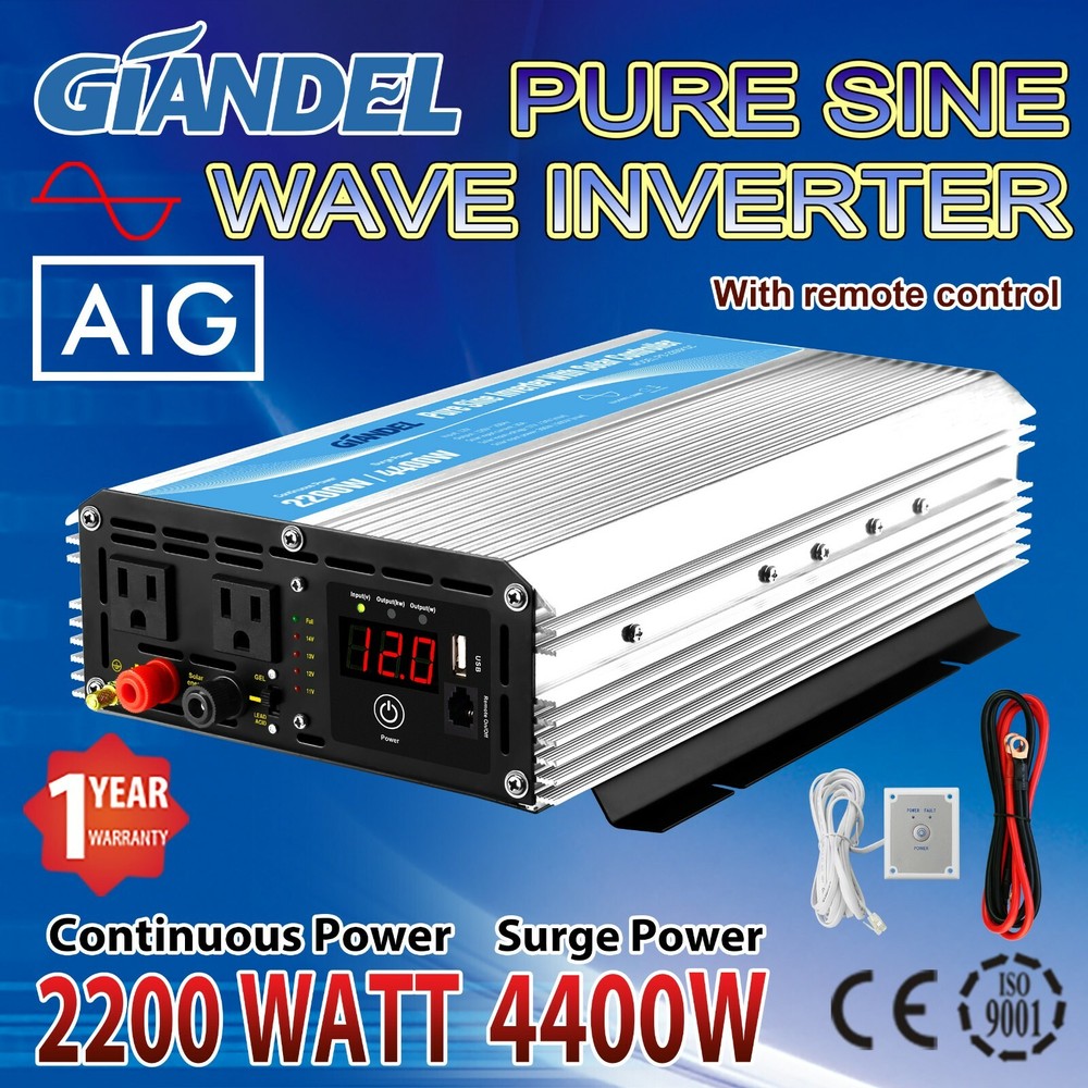 Pure Sine Power Inverter 2200W 12V/120V 20A Solar Controller USA Transistor