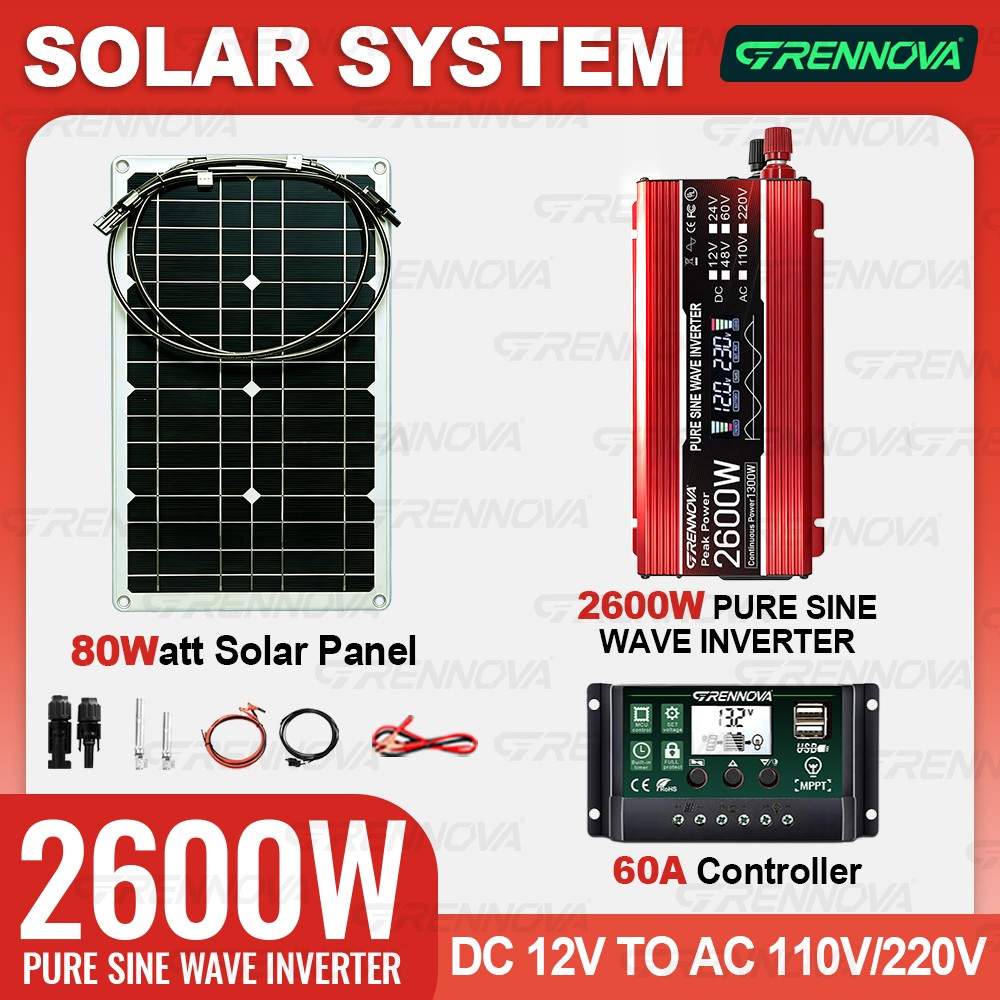 2600W Real Power Off-Grid Solar System Kit 80W Panel Inverter 60A Controller