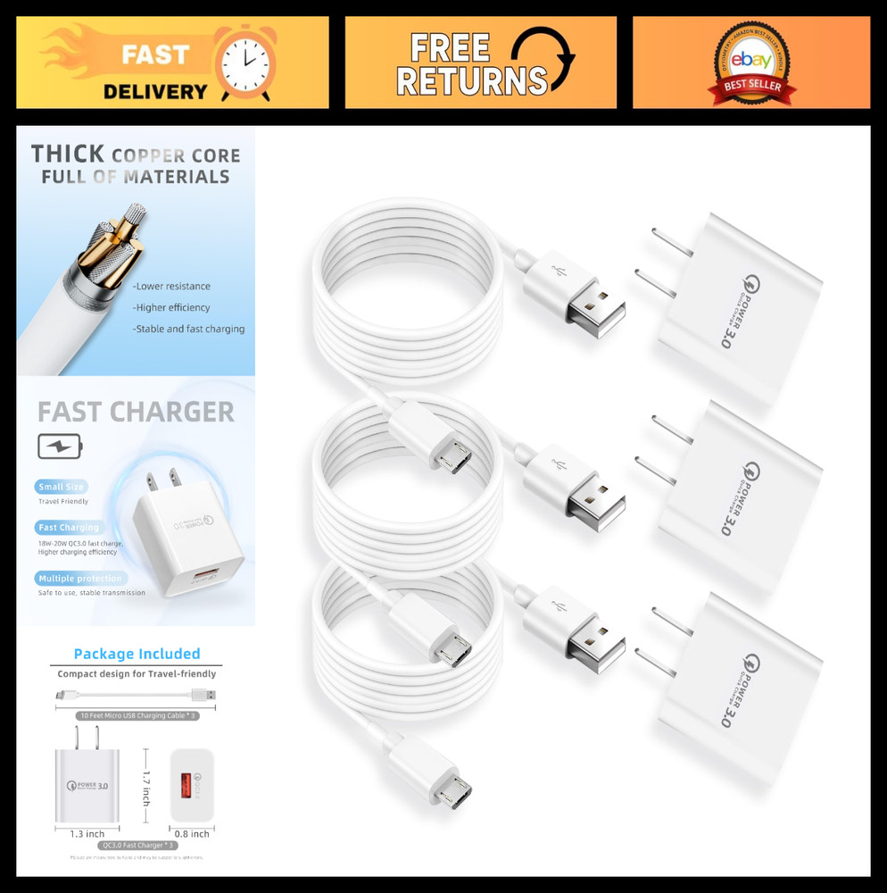 10ft QC3.0 Quick Charger Cable – 3 Pack for Arlo, Eufy, Wyze, Blink, Yi Home & M