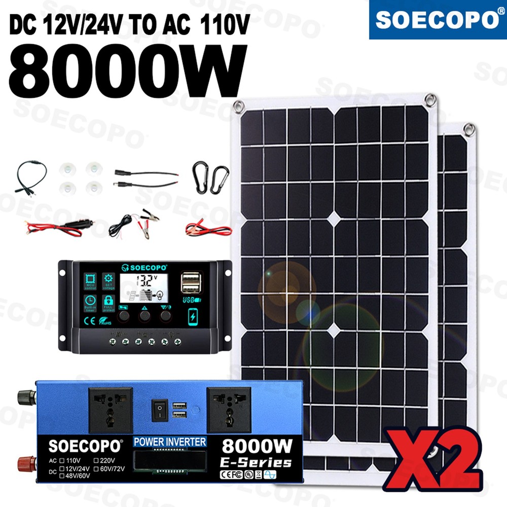 8000W Off-Grid Solar (12V/24V to 110V/220V) 2pcs Solar Panels,Charge Controller