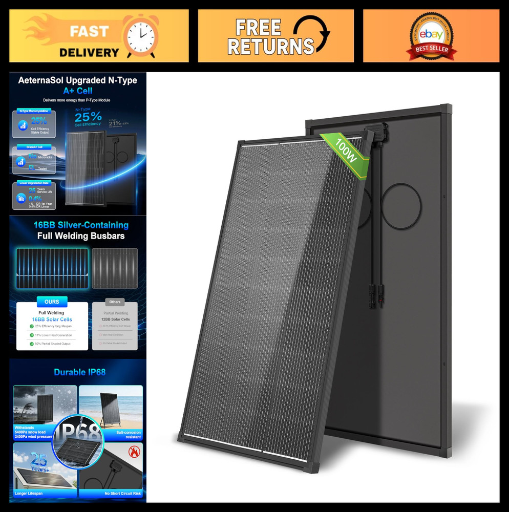100W 12V High Efficiency Solar Panel, IP68 Waterproof for RV, Marine, Off-Grid U