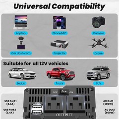 600W Power Inverter Pure Sine Wave Inverter 12V DC to 120V AC Converter for Car,