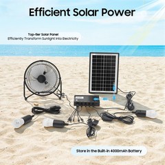 Solar Power Panel Kit Outdoor Camping USB Charging System W/ LED Light & 8″ Fan