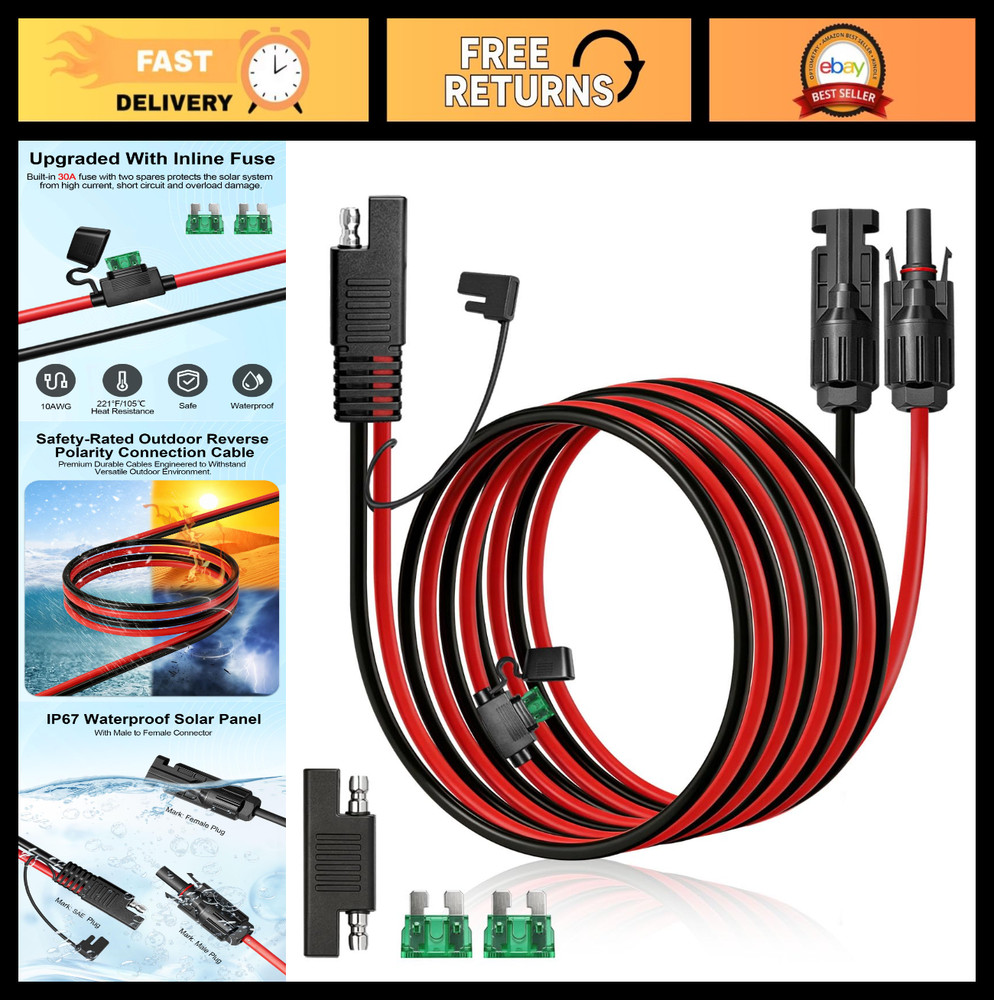 20FT 10AWG Solar Panel Connector SAE Adapter Cable with Fuse & Polarity Reverse