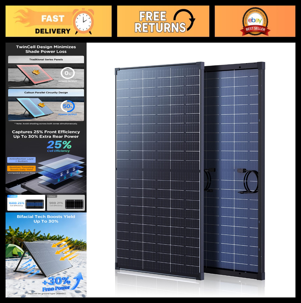 120W Bifacial Solar Panel – 25% Efficiency, Dual-Sided, Anti-Shade, 12V for RV,